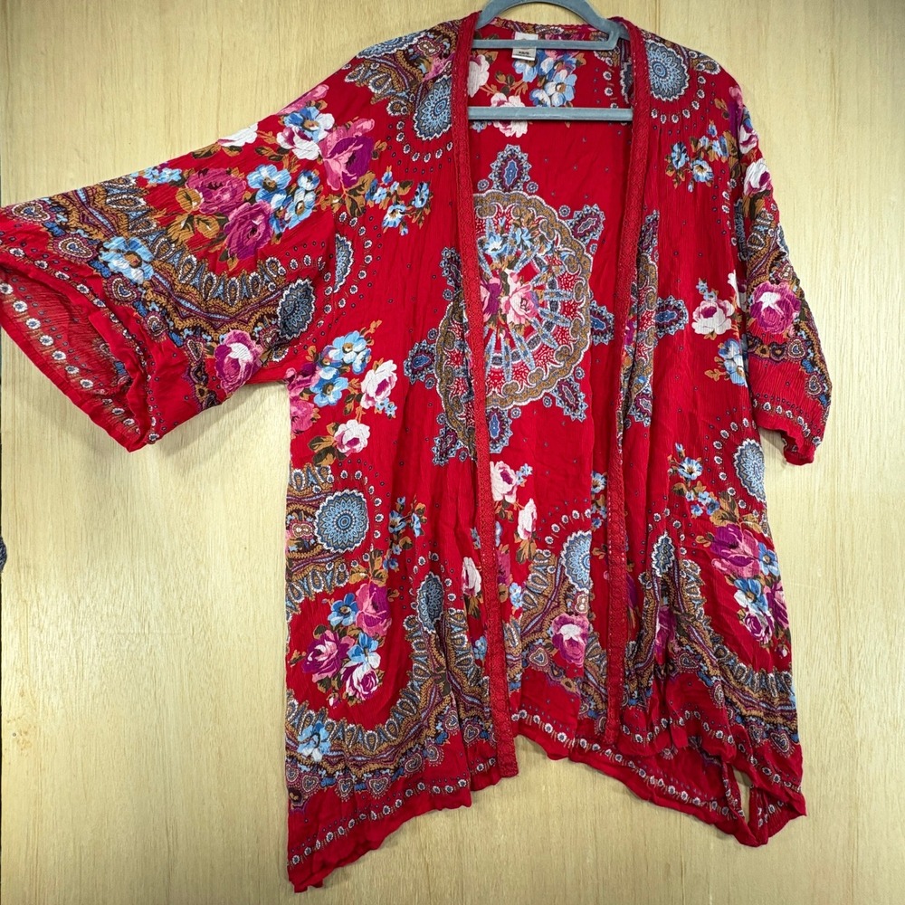 Bila Red Floral Paisley Boho Kimono Cardigan Open Front Crochet Trim XS/S